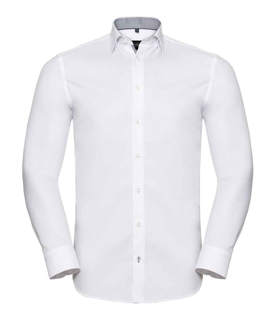 Russell Collection Long Sleeve Contrast Herringbone Shirt - Image 2